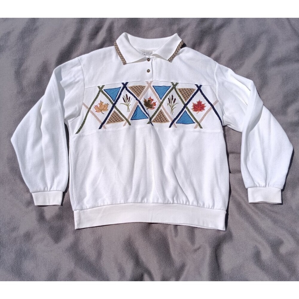 Koret City Blues Medium White Textured Autumn Leaves Collared Sweatshirt Grandma